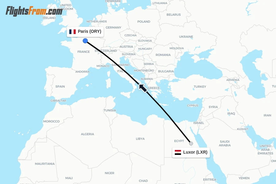 Flights from Luxor to Paris route map
