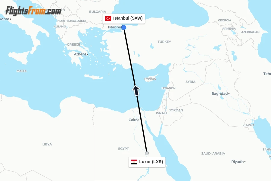 Flights from Luxor to Istanbul route map