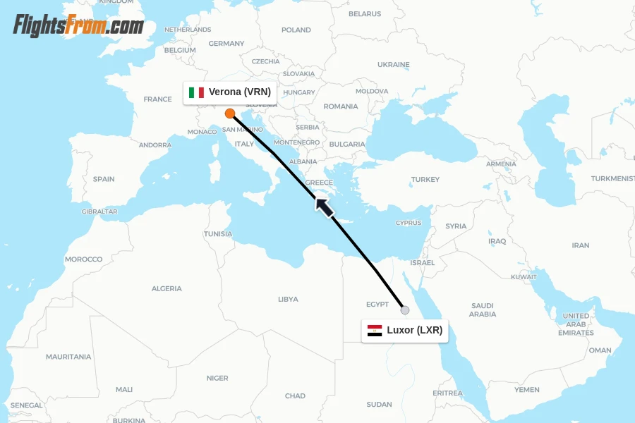 Flights from Luxor to Verona route map