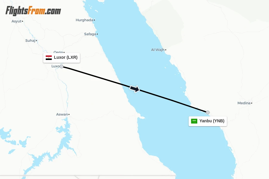 Flights from Luxor to Yanbu route map