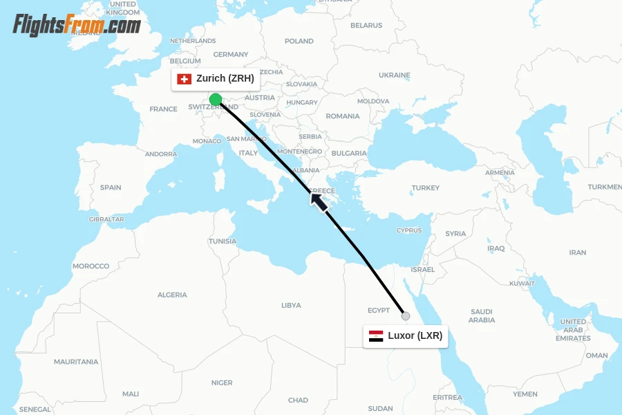 Flights from Luxor to Zurich route map