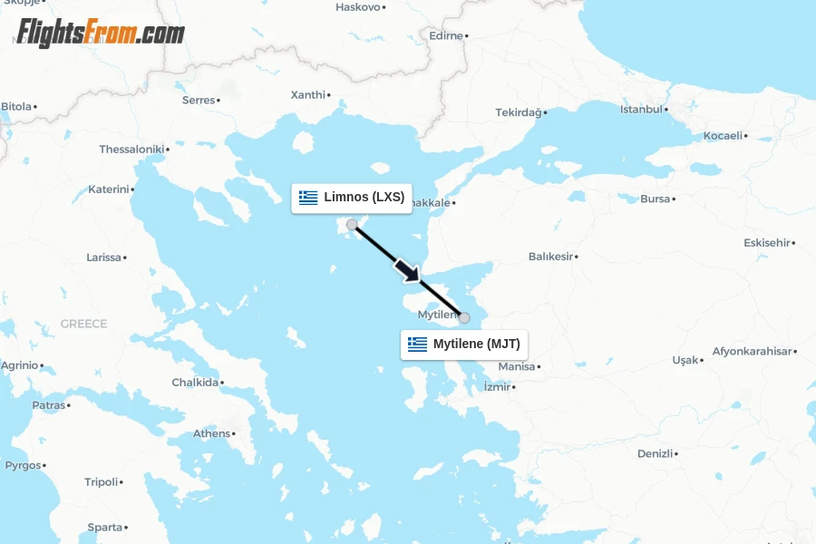 Flights from Limnos to Mytilene route map