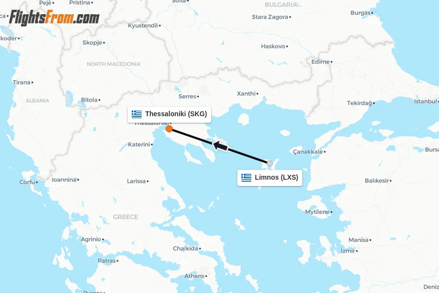 Flights from Limnos to Thessaloniki route map