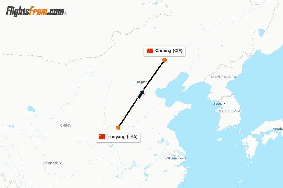 Flights from Luoyang to Chifeng route map