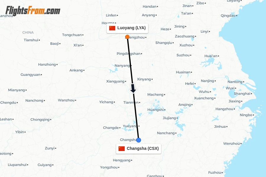 Flights from Luoyang to Changsha route map