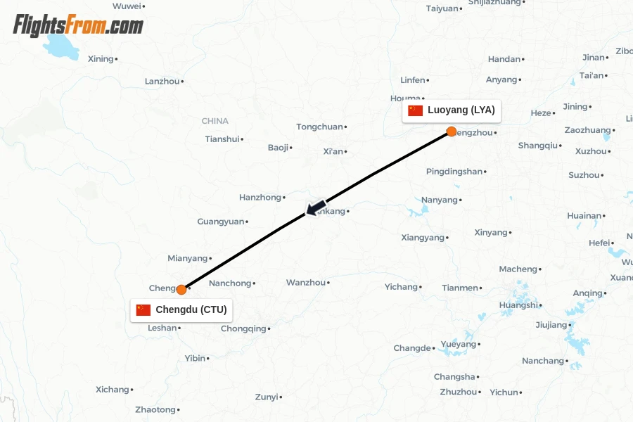Flights from Luoyang to Chengdu route map