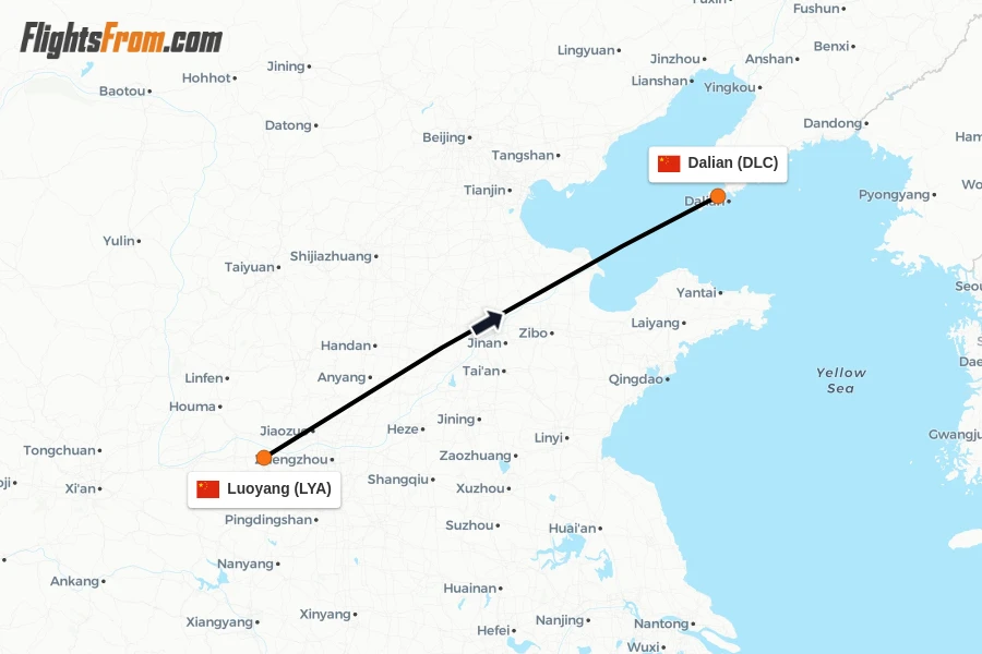 Flights from Luoyang to Dalian route map