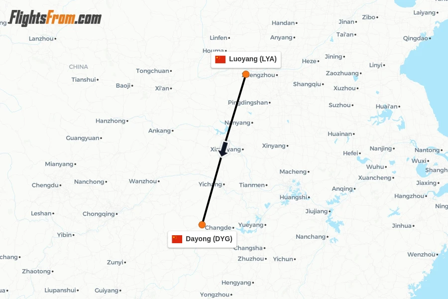 Flights from Luoyang to Dayong route map