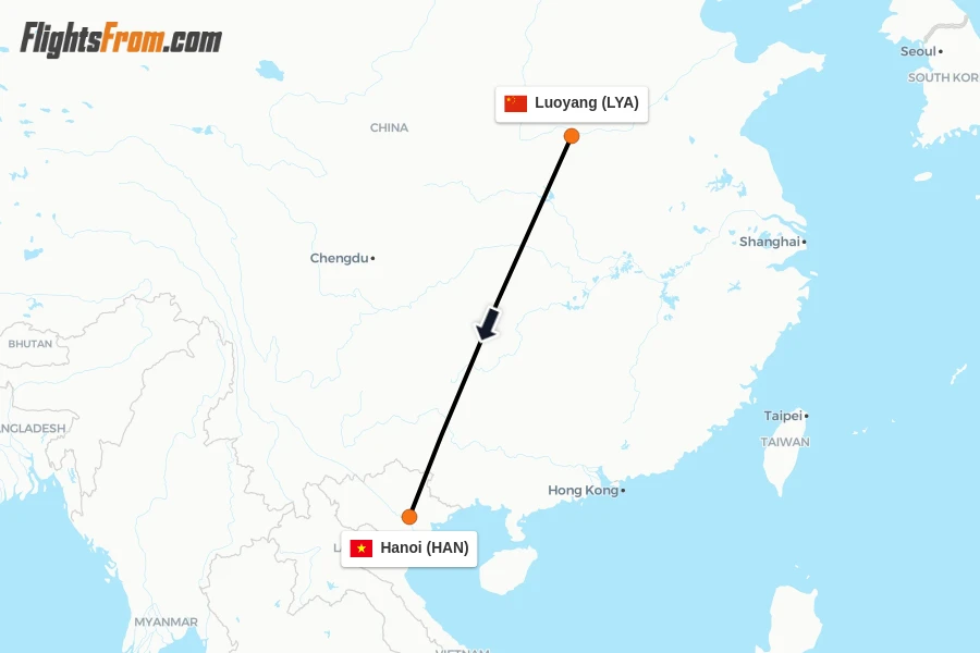 Flights from Luoyang to Hanoi route map