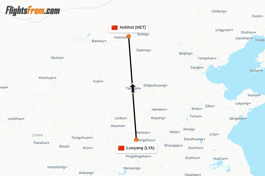 Flights from Luoyang to Hohhot route map