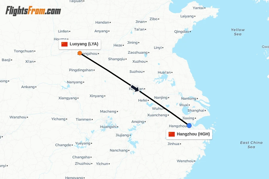 Flights from Luoyang to Hangzhou route map