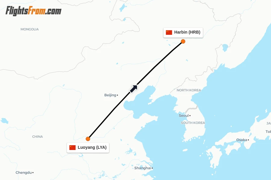 Flights from Luoyang to Harbin route map