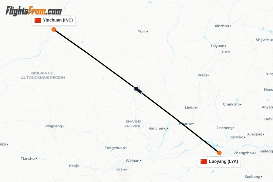 Flights from Luoyang to Yinchuan route map
