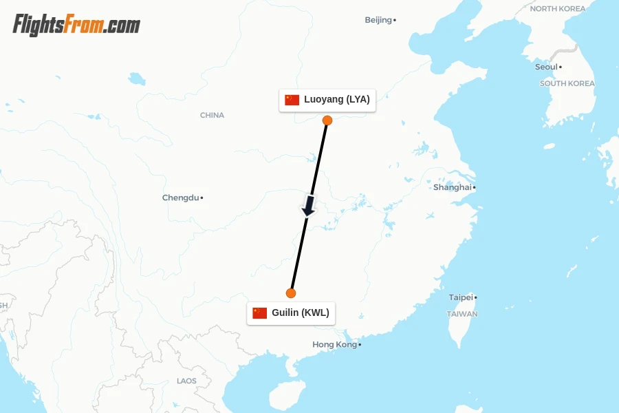 Flights from Luoyang to Guilin route map