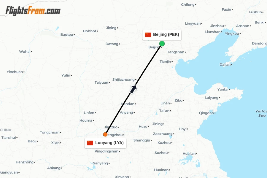 Flights from Luoyang to Beijing route map