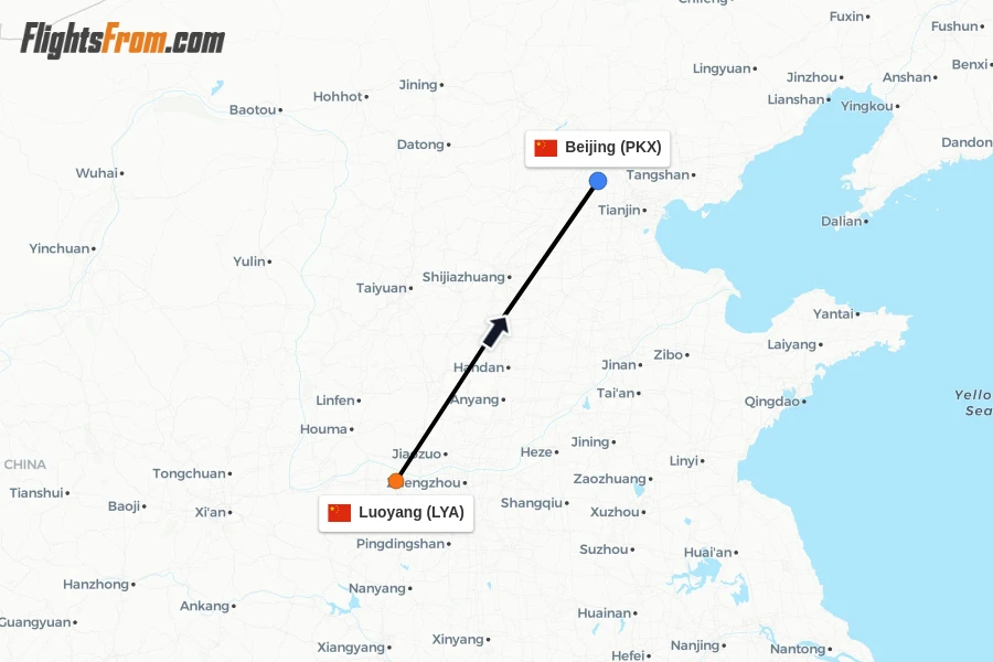 Flights from Luoyang to Beijing route map