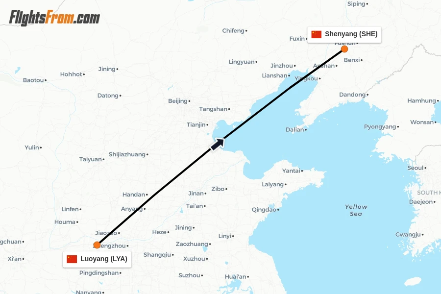Flights from Luoyang to Shenyang route map