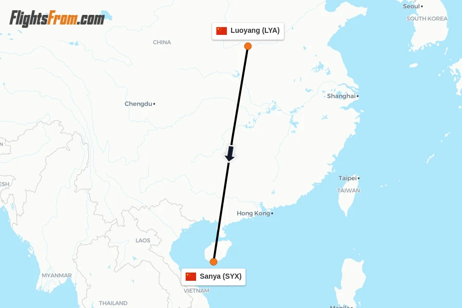Flights from Luoyang to Sanya route map
