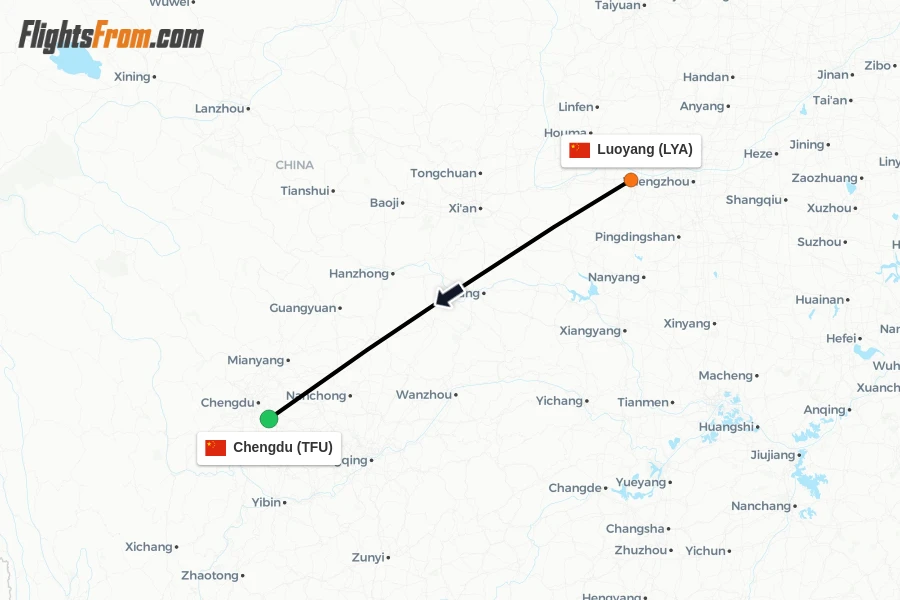 Flights from Luoyang to Chengdu route map