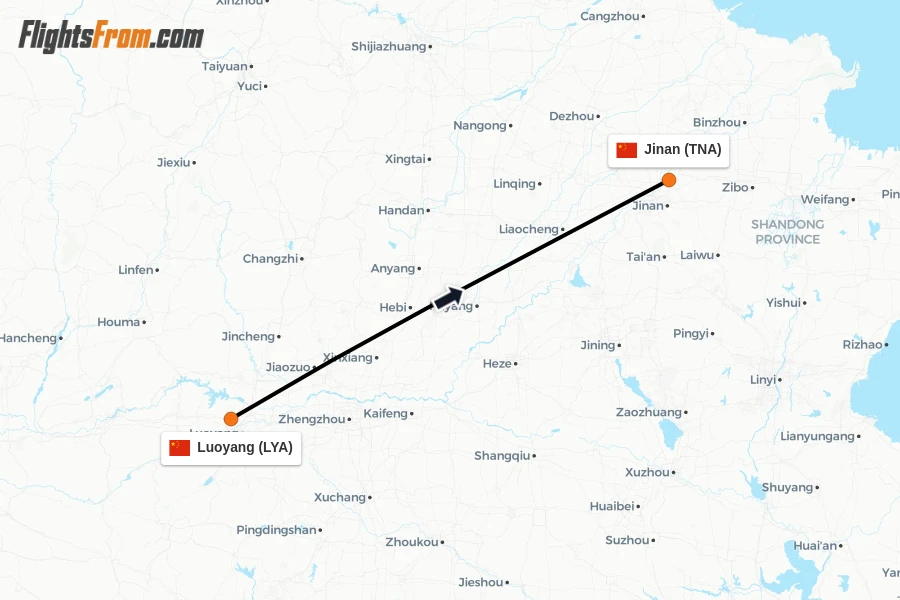 Flights from Luoyang to Jinan route map