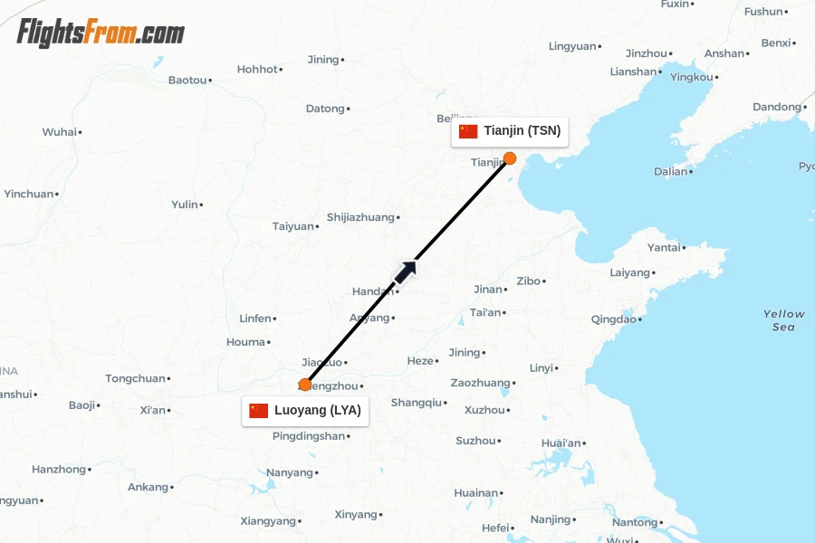 Flights from Luoyang to Tianjin route map