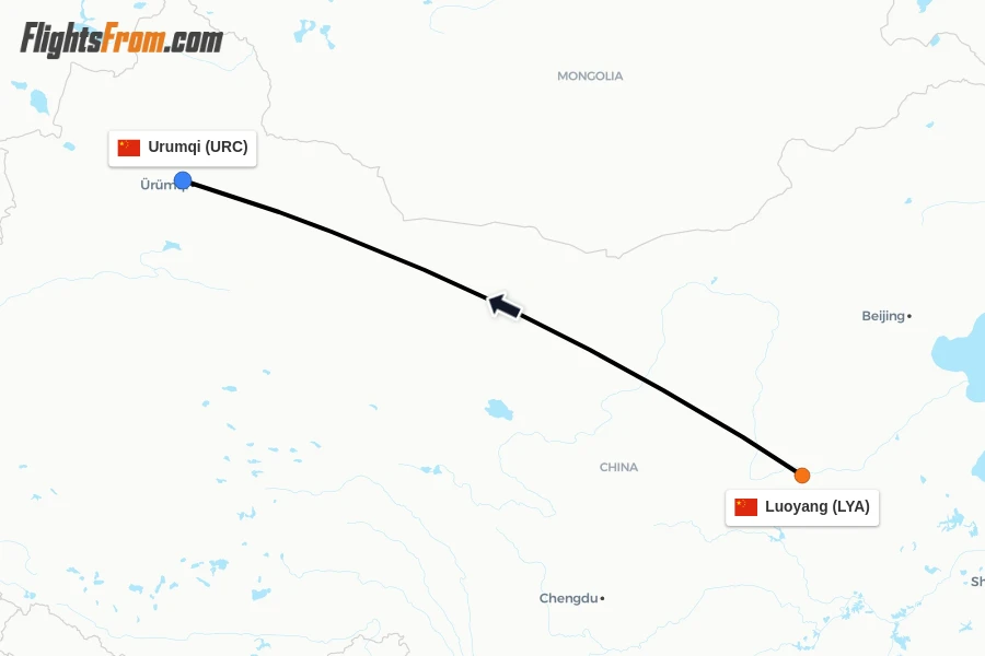 Flights from Luoyang to Urumqi route map