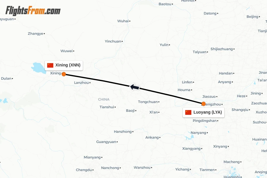 Flights from Luoyang to Xining route map