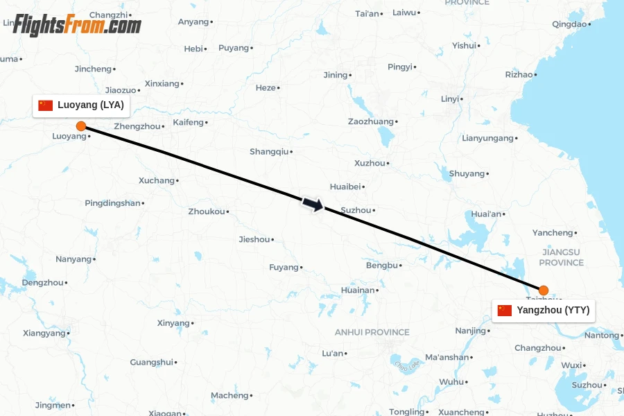 Flights from Luoyang to Yangzhou route map