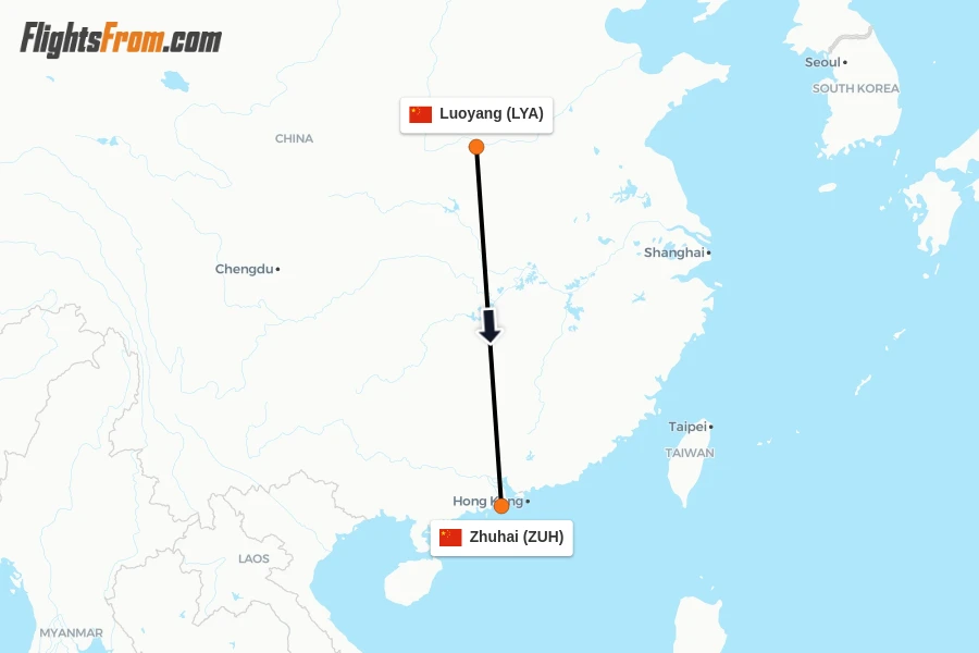 Flights from Luoyang to Zhuhai route map