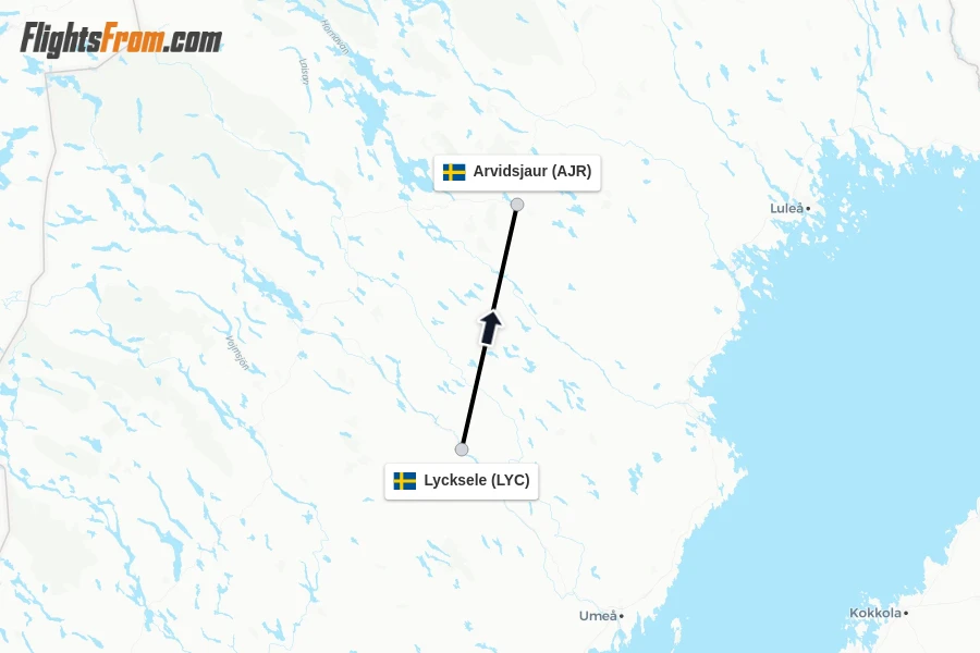 Flights from Lycksele to Arvidsjaur route map