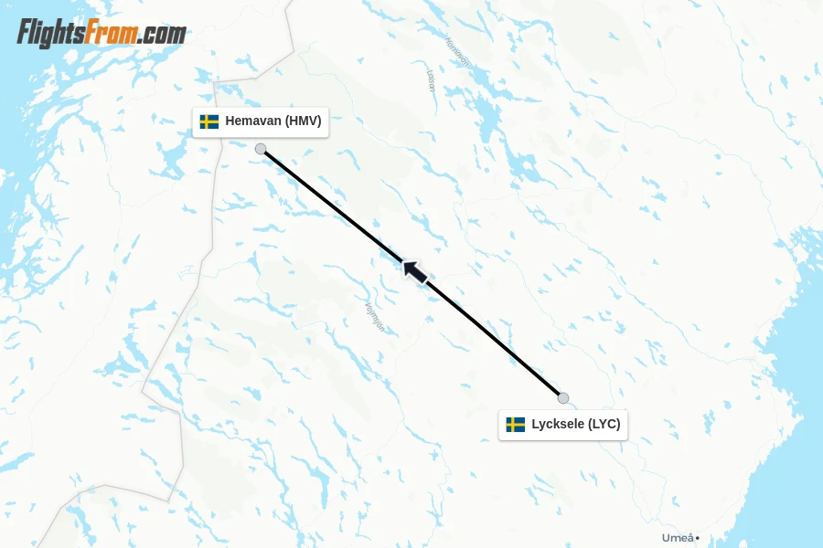 Flights from Lycksele to Hemavan route map