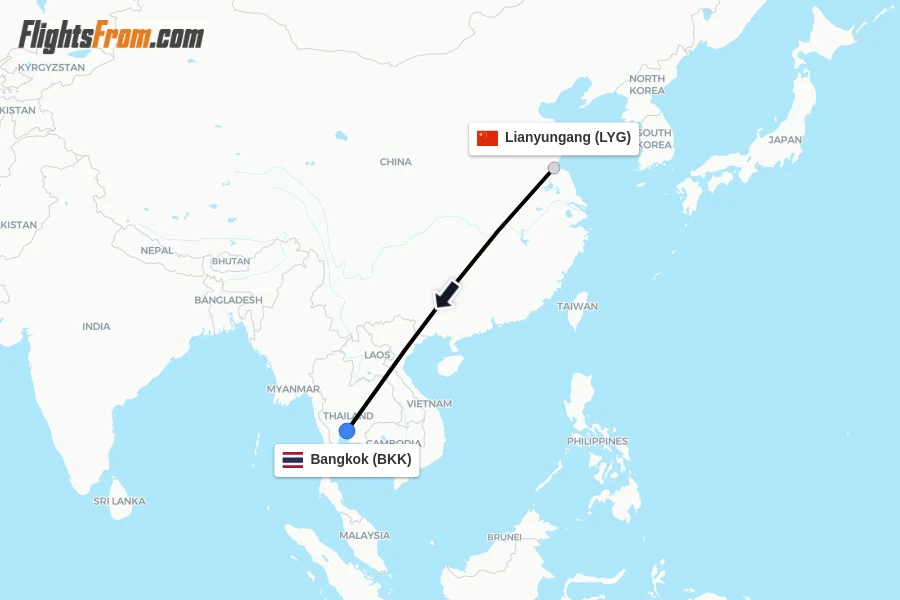 Flights from Lianyungang to Bangkok route map