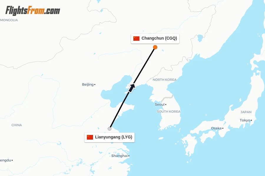 Flights from Lianyungang to Changchun route map