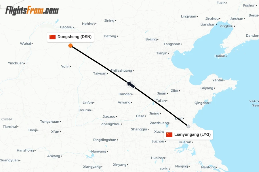 Flights from Lianyungang to Dongsheng route map