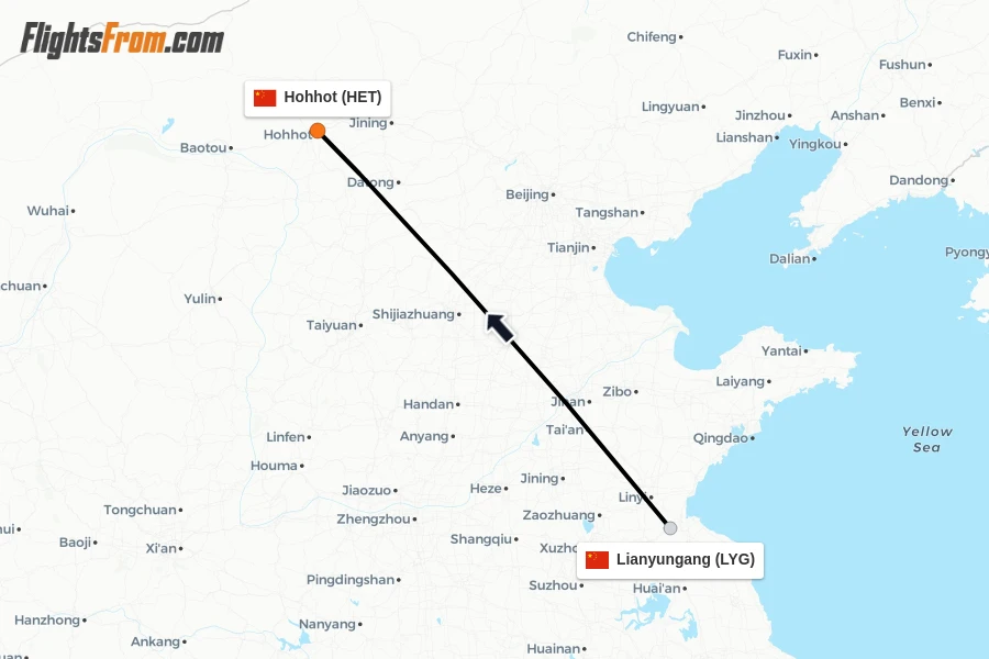 Flights from Lianyungang to Hohhot route map