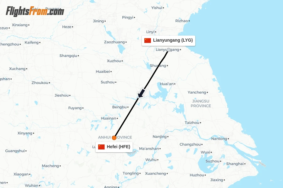 Flights from Lianyungang to Hefei route map