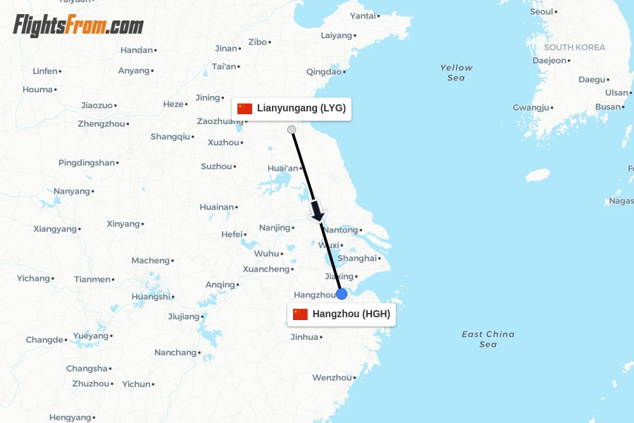 Flights from Lianyungang to Hangzhou route map