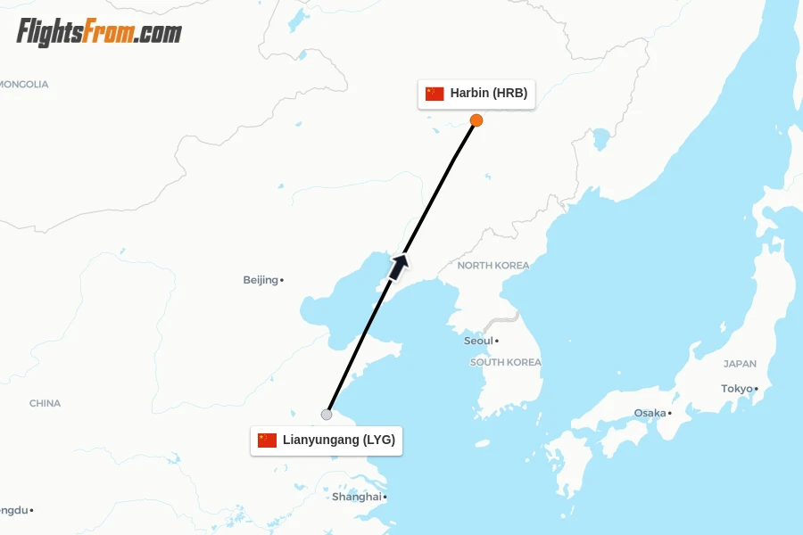 Flights from Lianyungang to Harbin route map