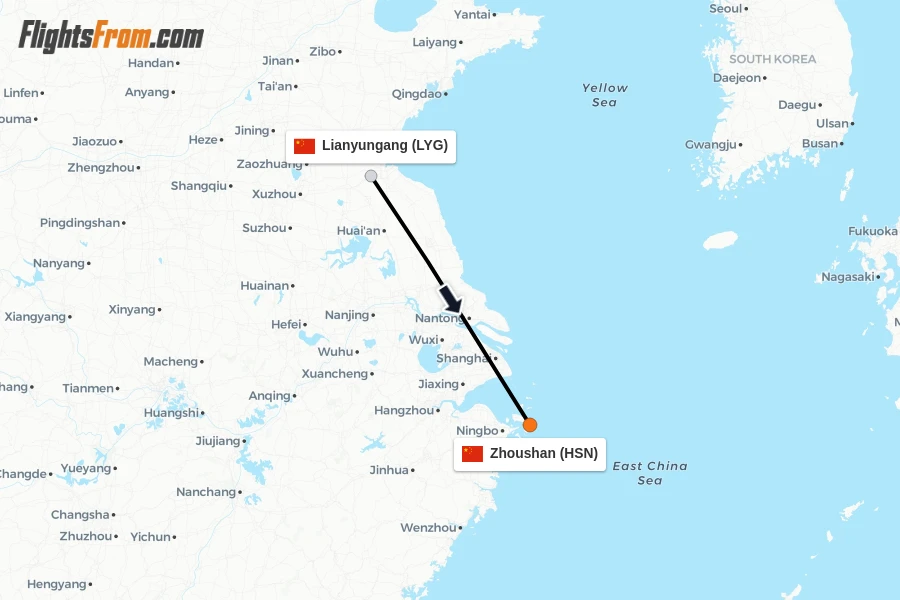 Flights from Lianyungang to Zhoushan route map