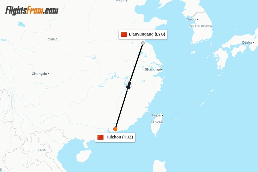 Flights from Lianyungang to Huizhou route map