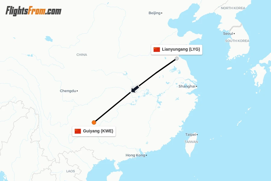 Flights from Lianyungang to Guiyang route map