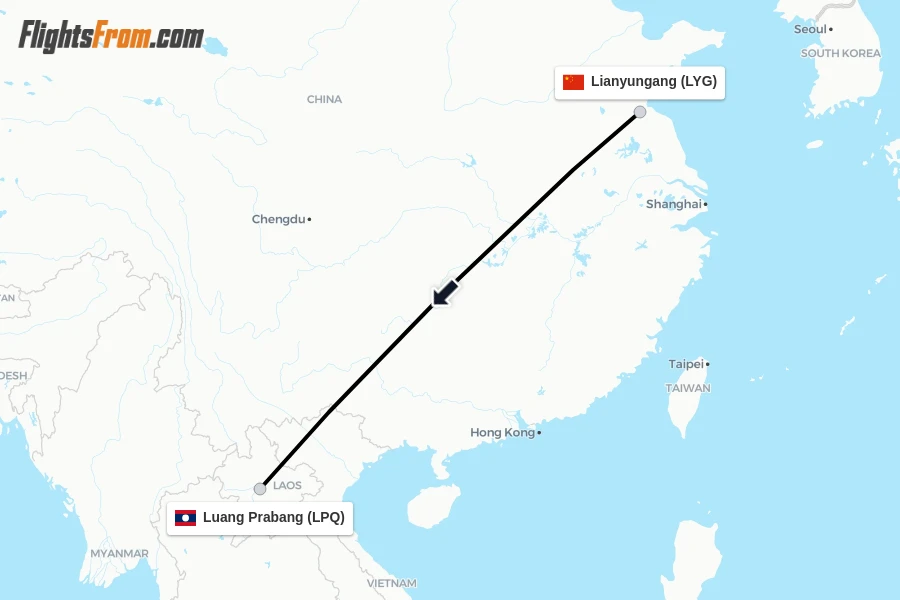 Flights from Lianyungang to Luang Prabang route map