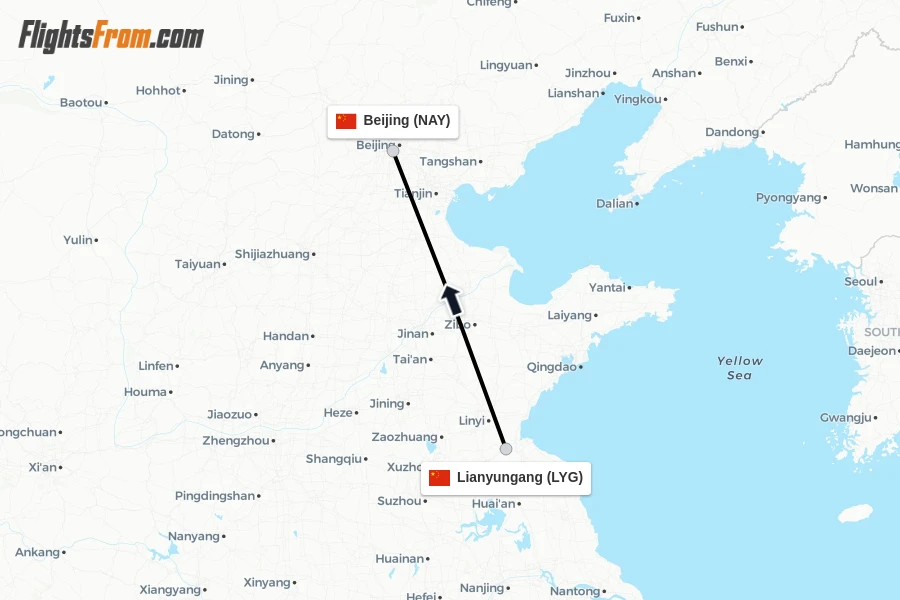 Flights from Lianyungang to Beijing route map