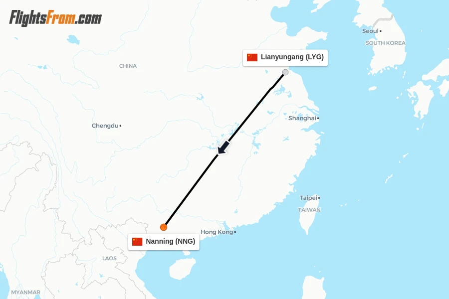 Flights from Lianyungang to Nanning route map