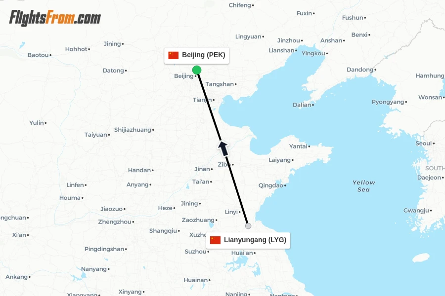 Flights from Lianyungang to Beijing route map
