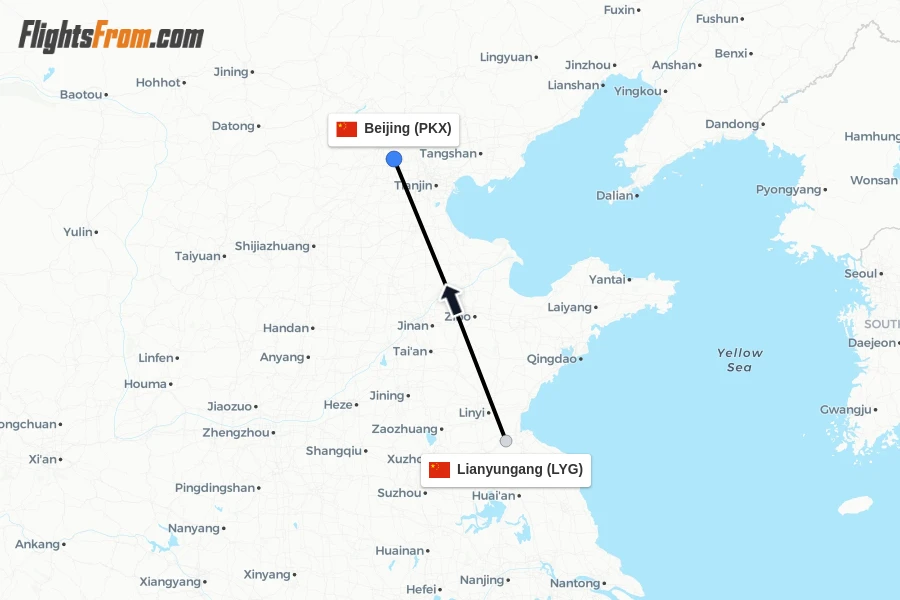 Flights from Lianyungang to Beijing route map