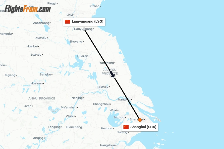 Flights from Lianyungang to Shanghai route map