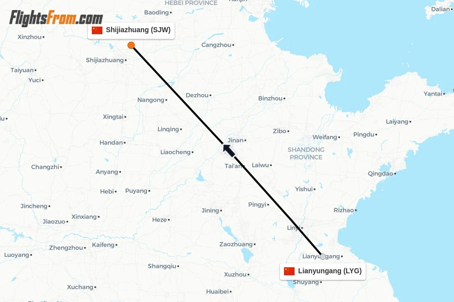 Flights from Lianyungang to Shijiazhuang route map