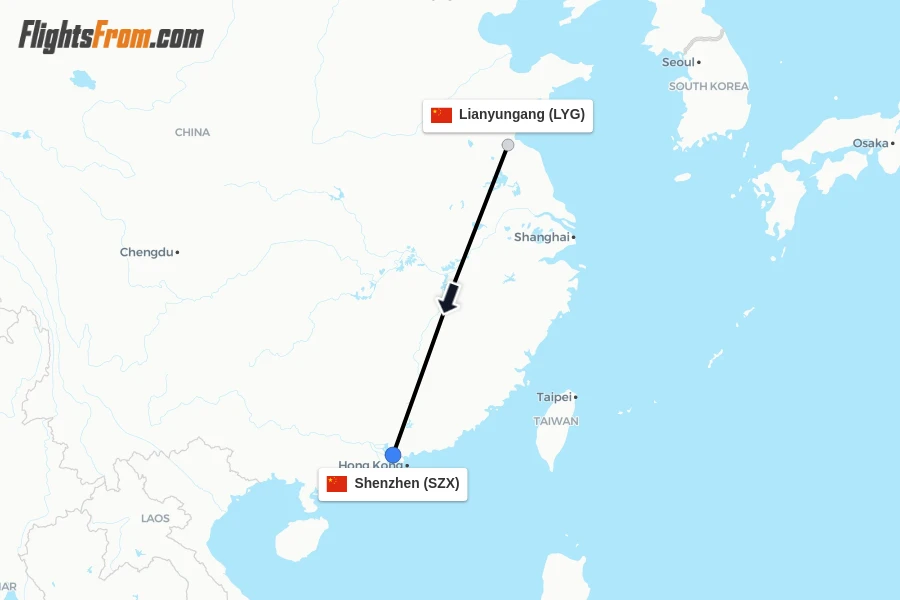 Flights from Lianyungang to Shenzhen route map
