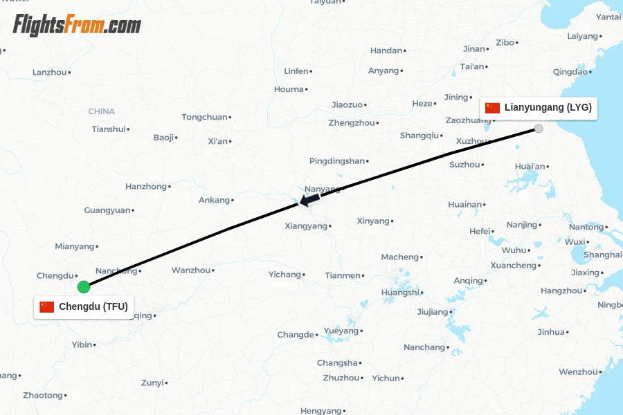 Flights from Lianyungang to Chengdu route map